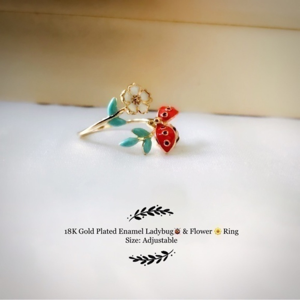 - - 18K Gold Plated enamel ladybug & flower Ring